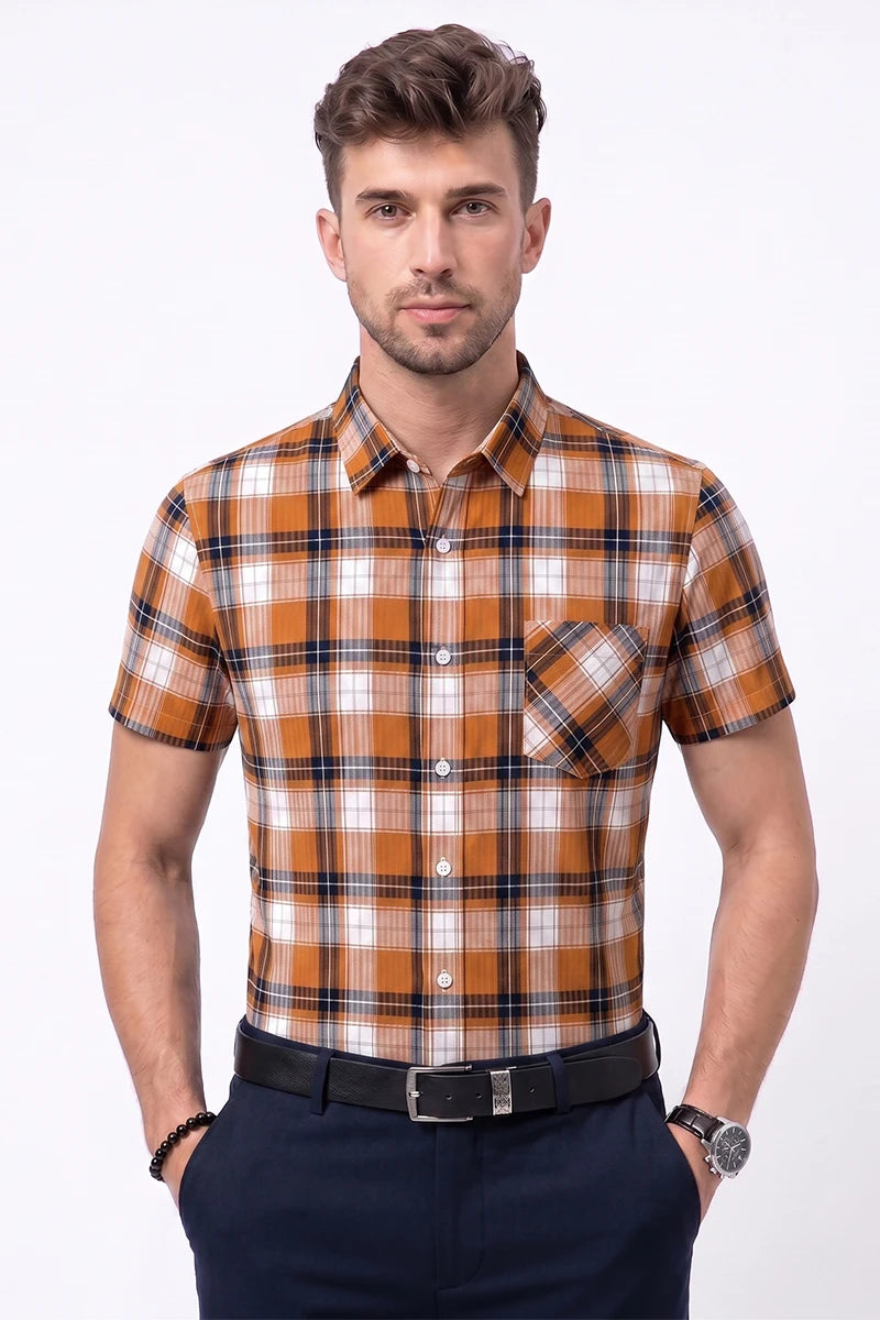 Orange & Black Plaid Short Sleeve Shirt