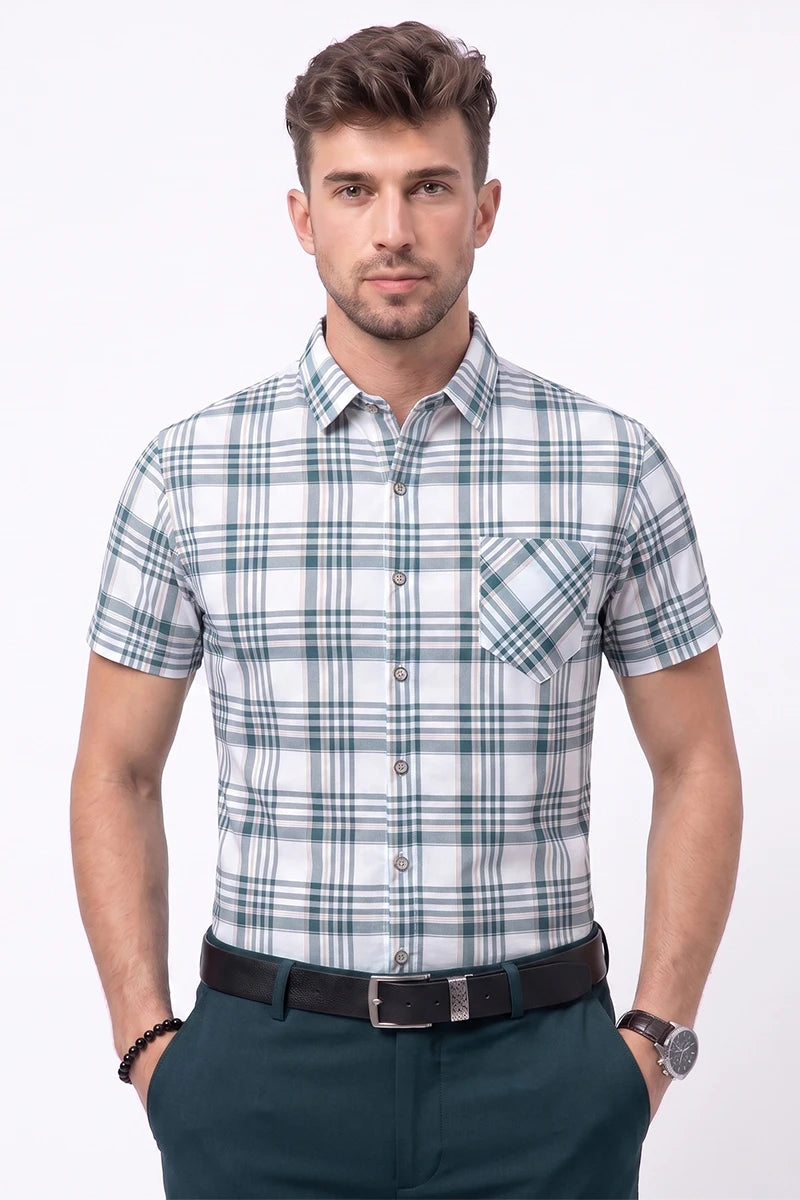 White & Green Plaid Short Sleeve Shirt