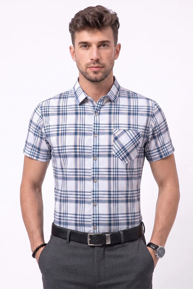 White & Blue Plaid Short Sleeve Shirt
