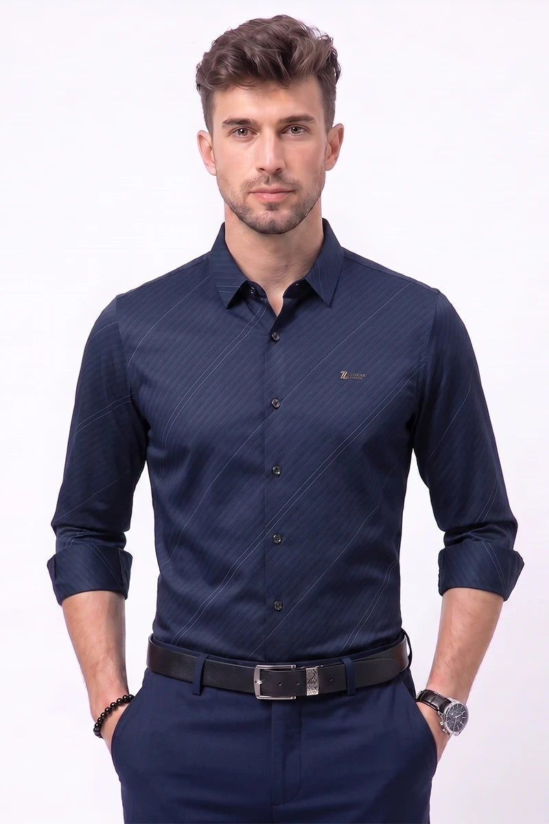 Navy Blue Diagonal Striped Shirt