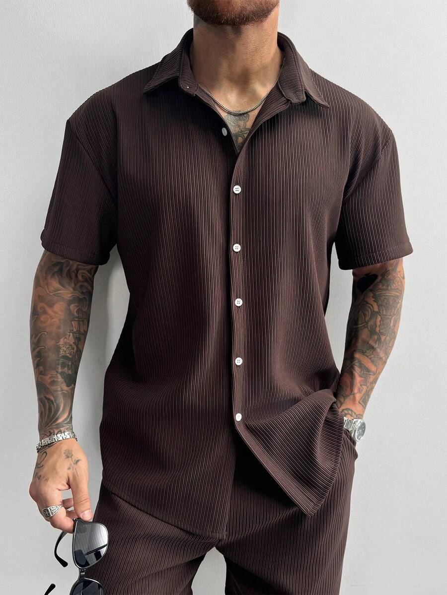 Dark Brown Pleated Short Sleeve Shirt