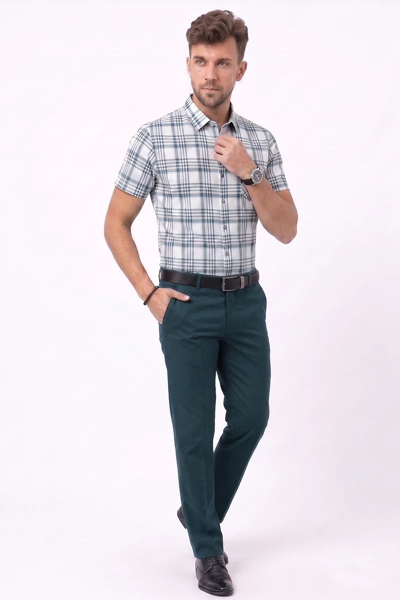 White & Green Plaid Short Sleeve Shirt