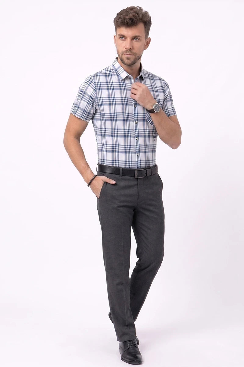 White & Blue Plaid Short Sleeve Shirt