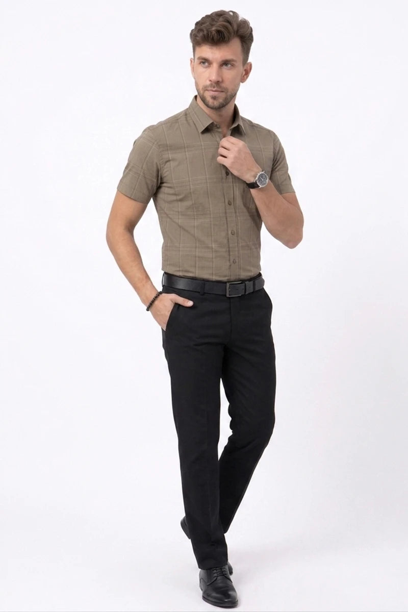 Taupe Checked Short Sleeve Shirt