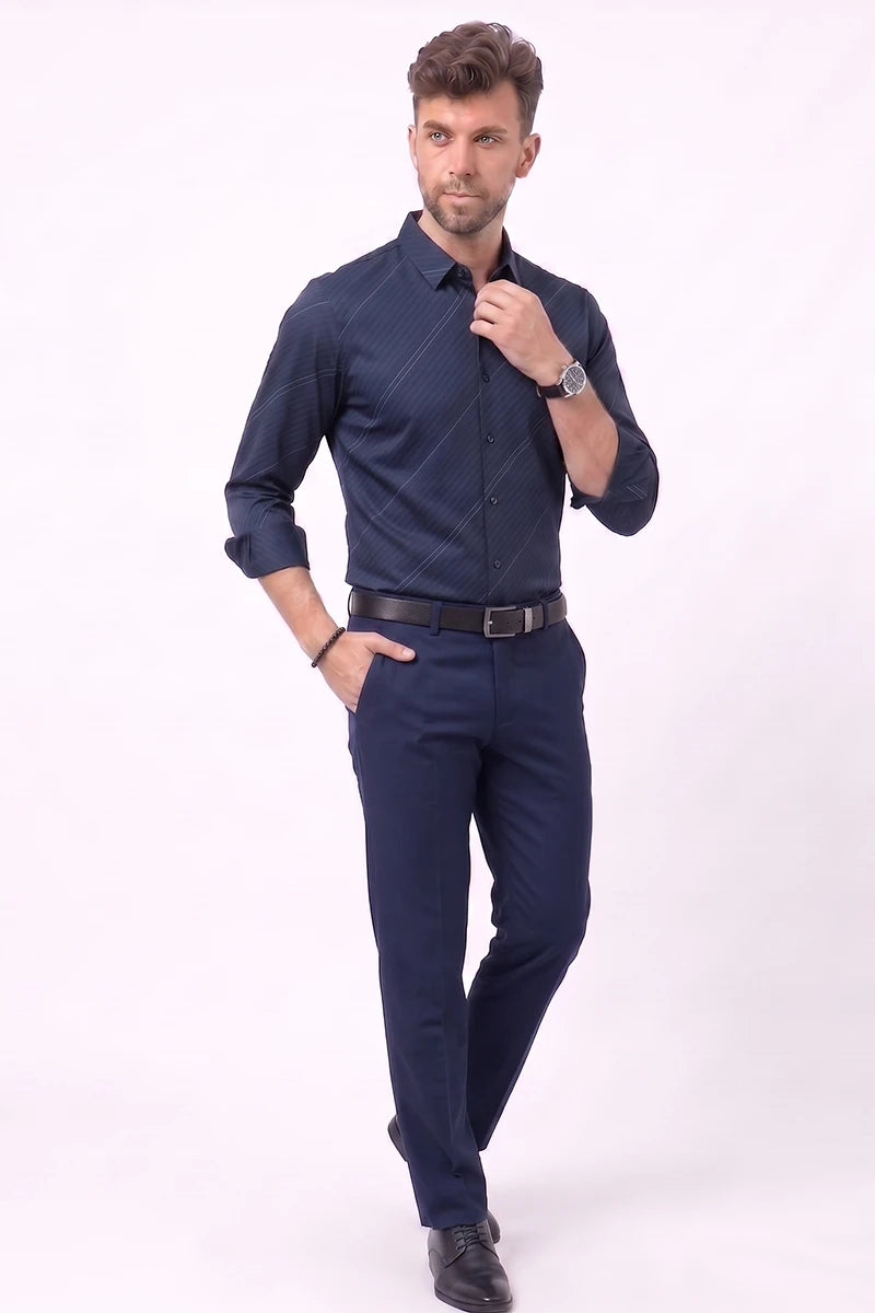 Navy Blue Diagonal Striped Shirt