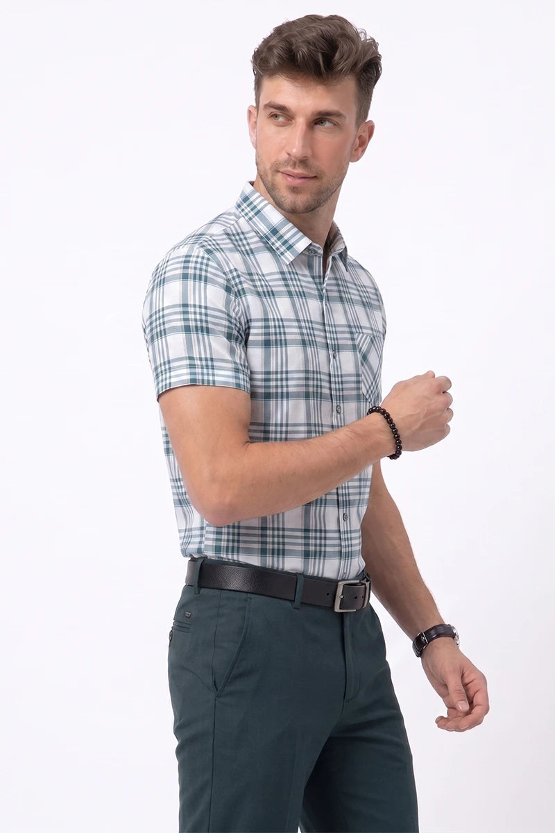 White & Green Plaid Short Sleeve Shirt