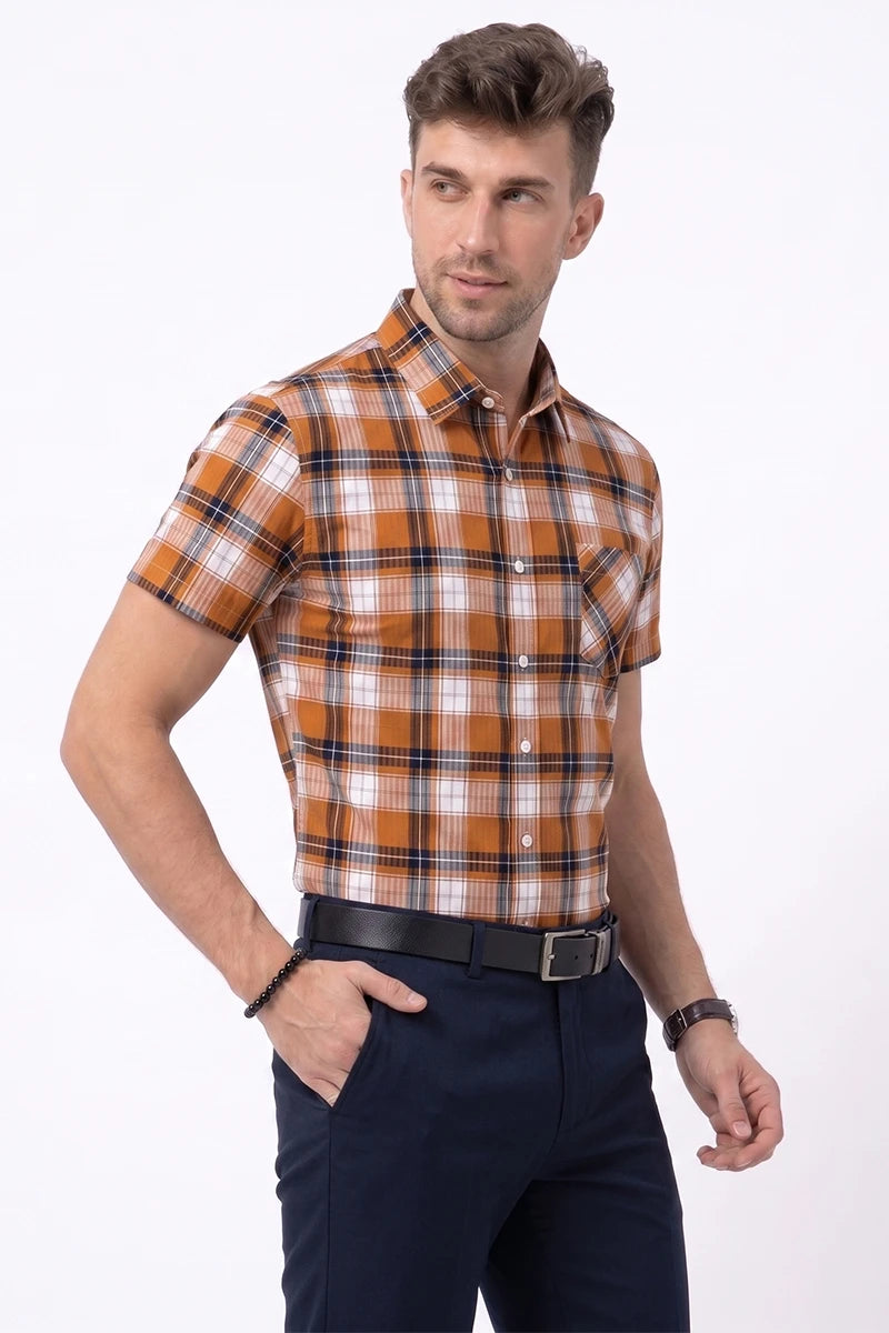 Orange & Black Plaid Short Sleeve Shirt