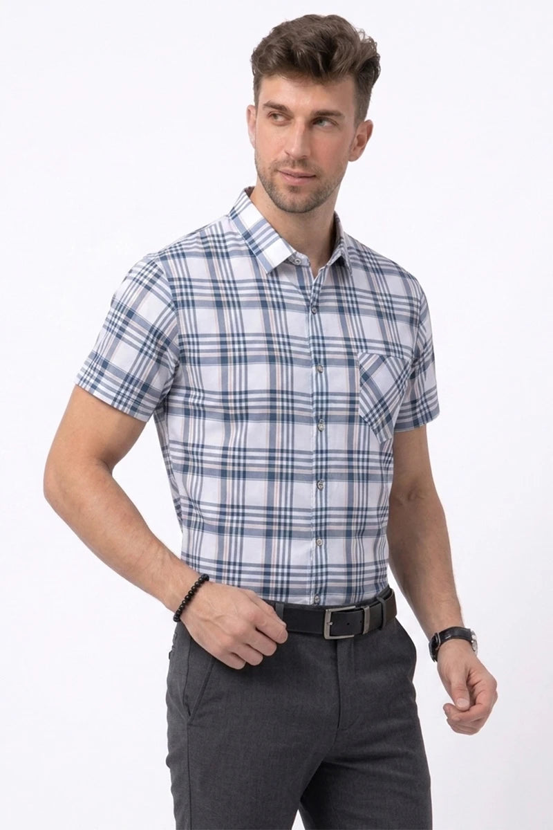 White & Blue Plaid Short Sleeve Shirt