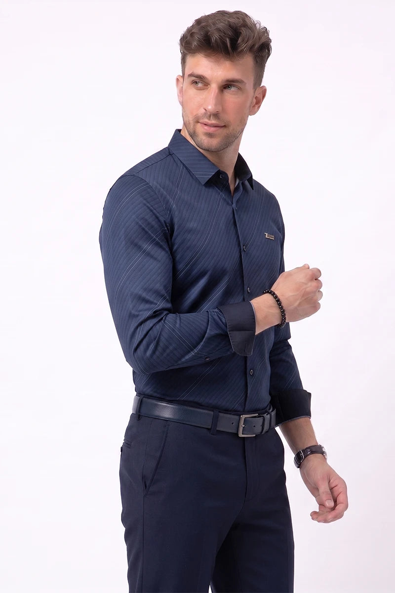 Navy Blue Diagonal Striped Shirt