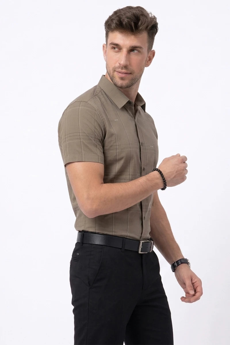 Taupe Checked Short Sleeve Shirt