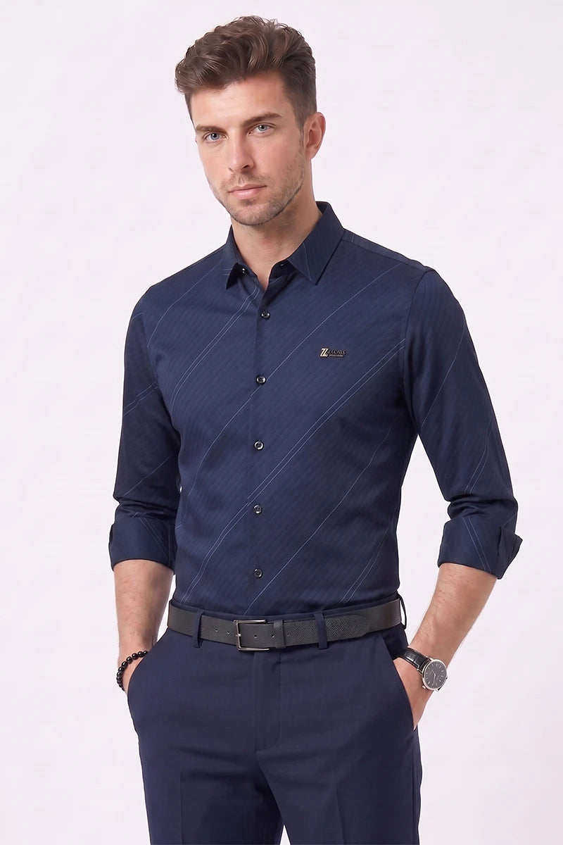 Navy Blue Diagonal Striped Shirt