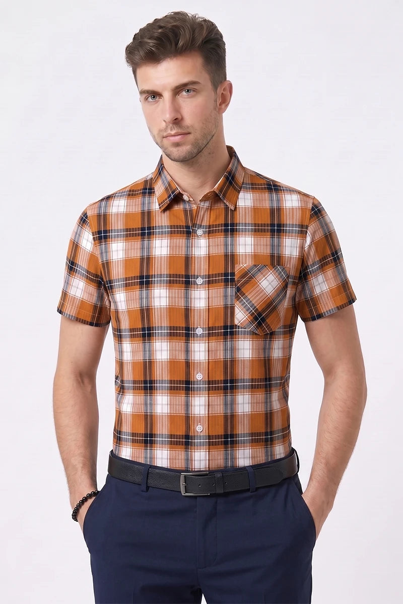 Orange & Black Plaid Short Sleeve Shirt