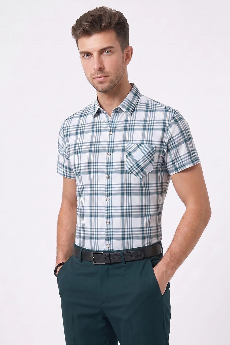 White & Green Plaid Short Sleeve Shirt