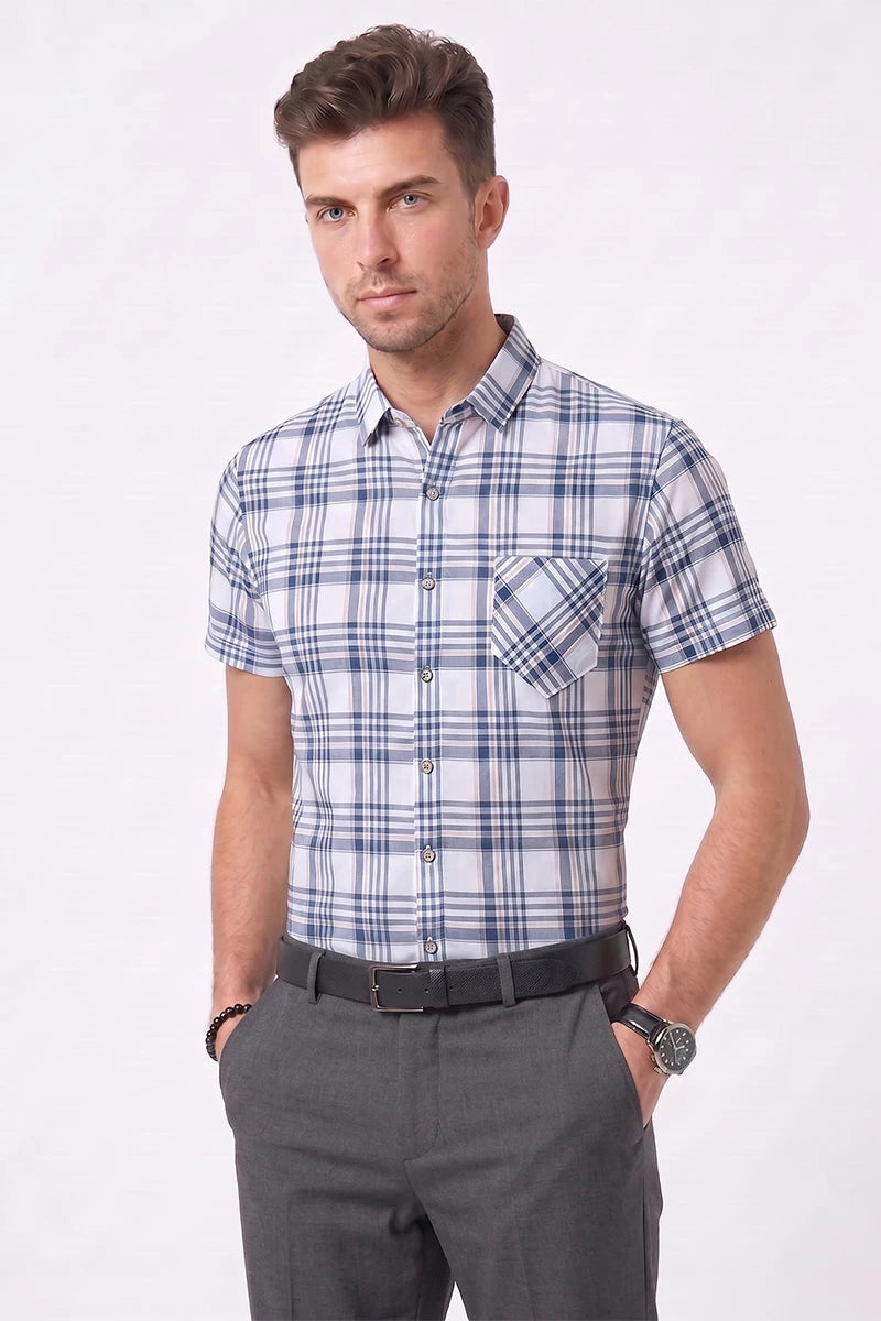 White & Blue Plaid Short Sleeve Shirt