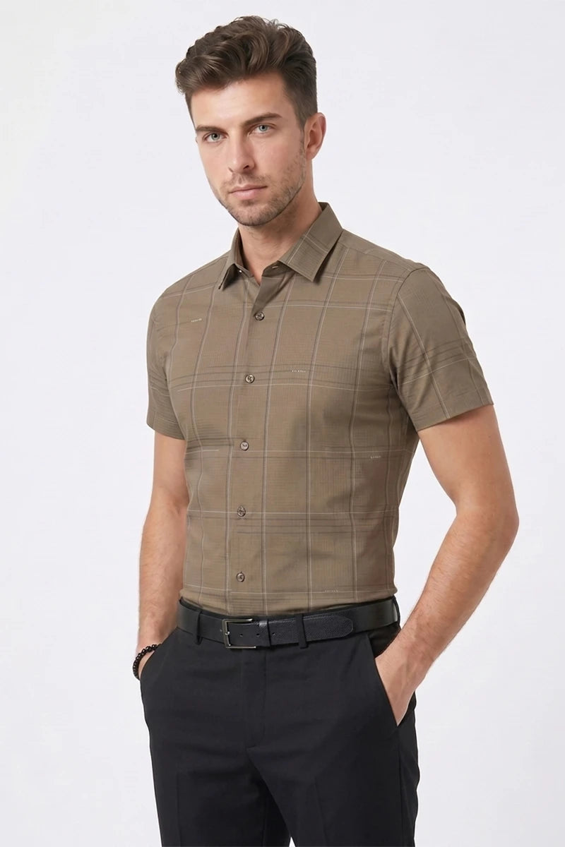 Taupe Checked Short Sleeve Shirt