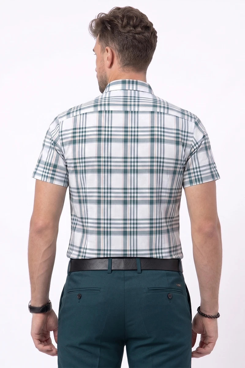 White & Green Plaid Short Sleeve Shirt