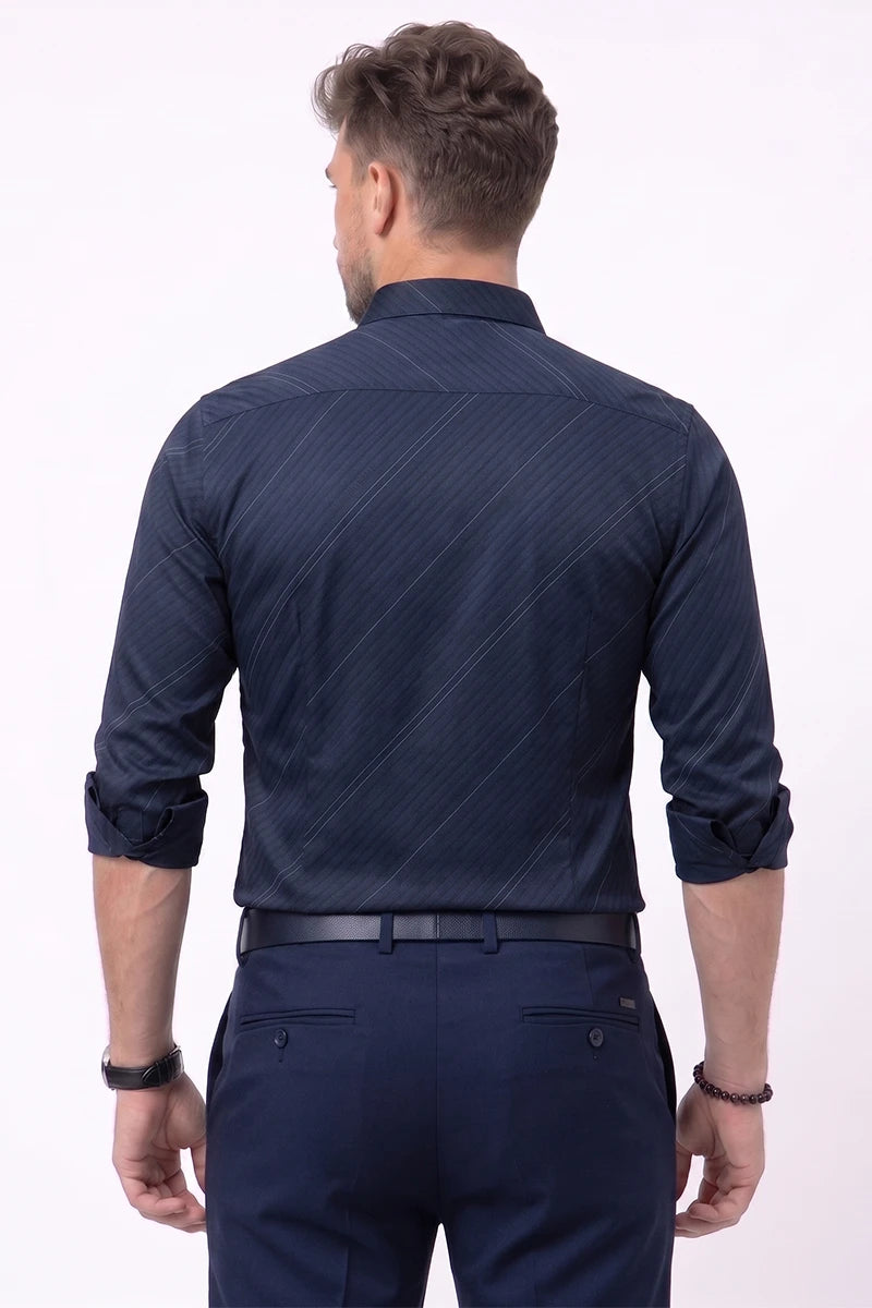 Navy Blue Diagonal Striped Shirt