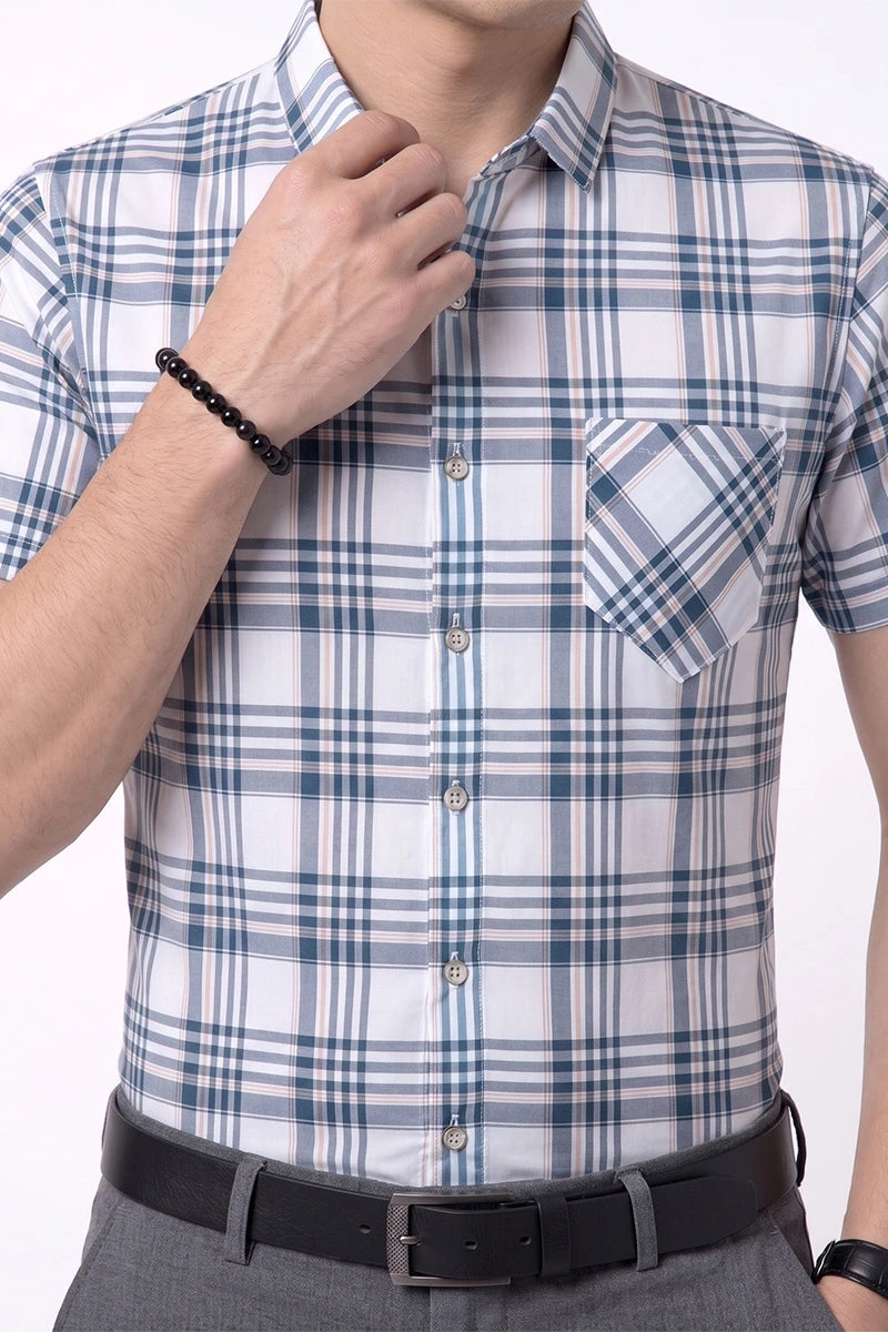 White & Blue Plaid Short Sleeve Shirt
