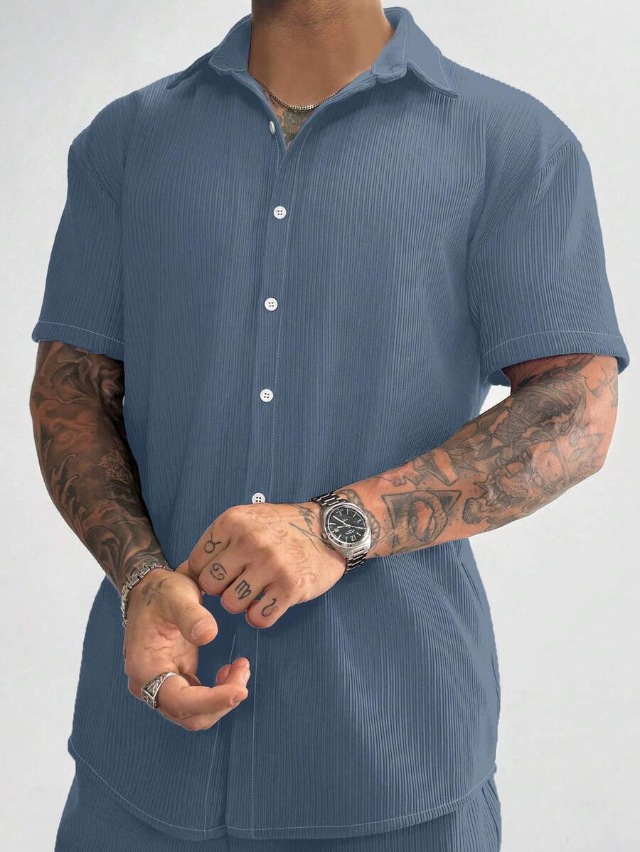 Slate Blue Pleated Short Sleeve Shirt