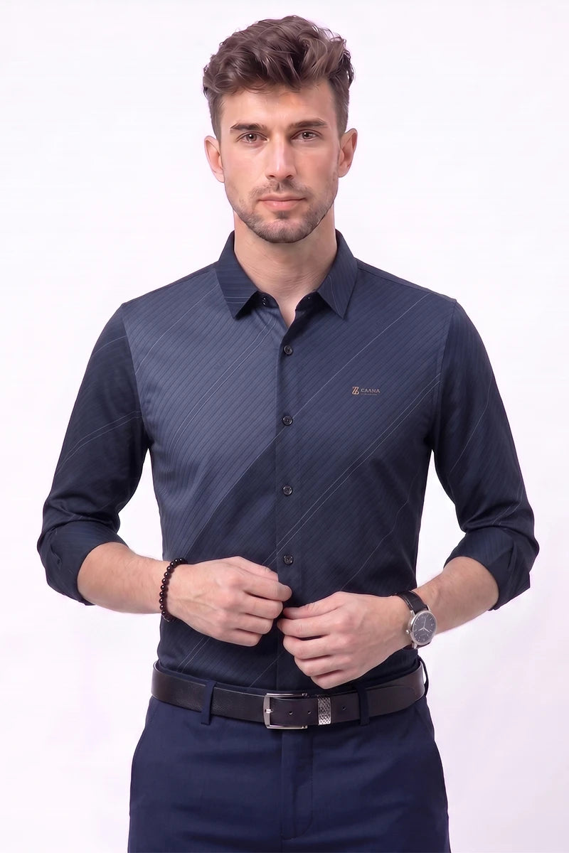 Navy Blue Diagonal Striped Shirt