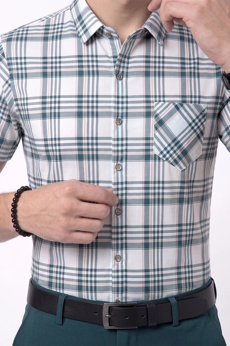 White & Green Plaid Short Sleeve Shirt