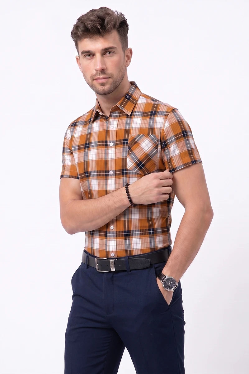 Orange & Black Plaid Short Sleeve Shirt