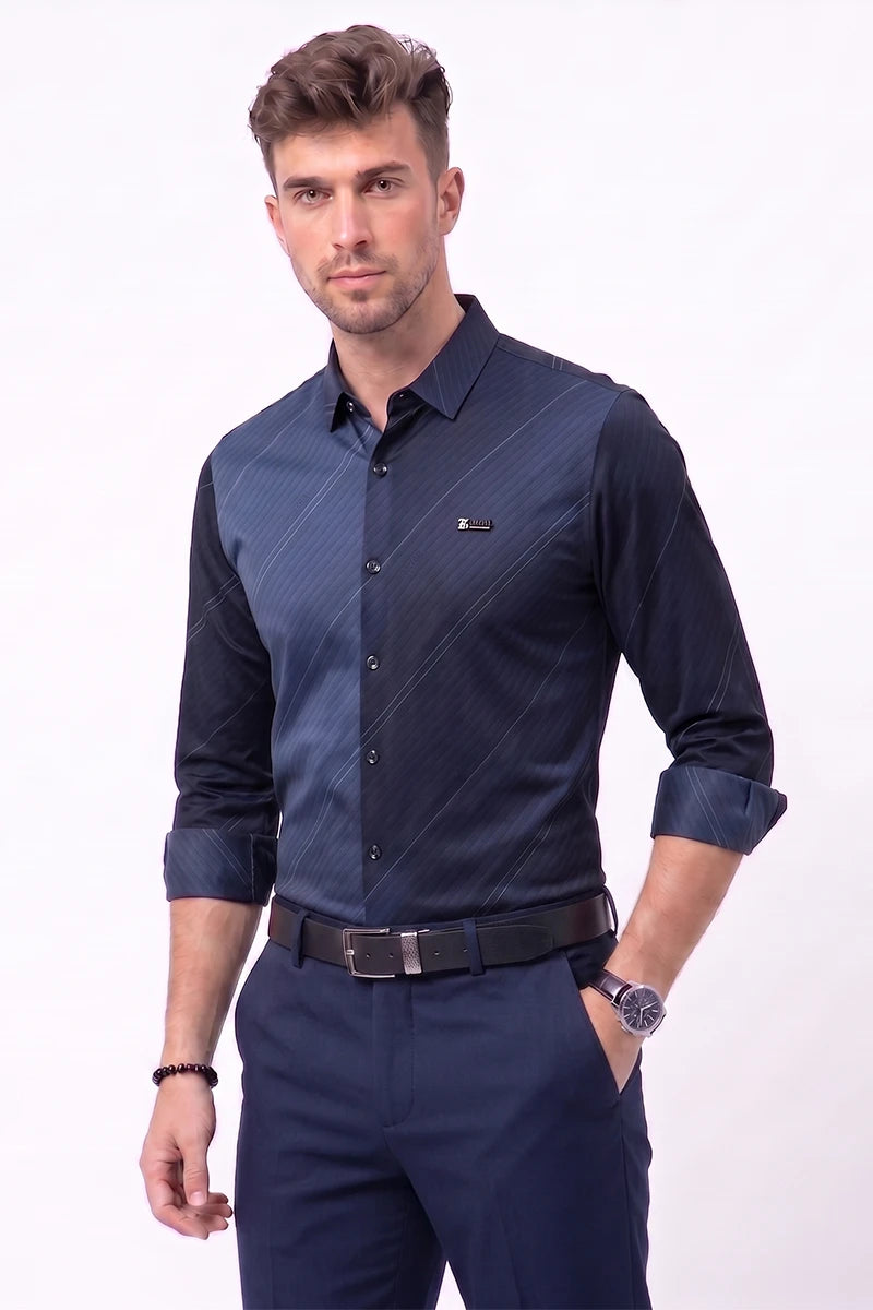 Navy Blue Diagonal Striped Shirt