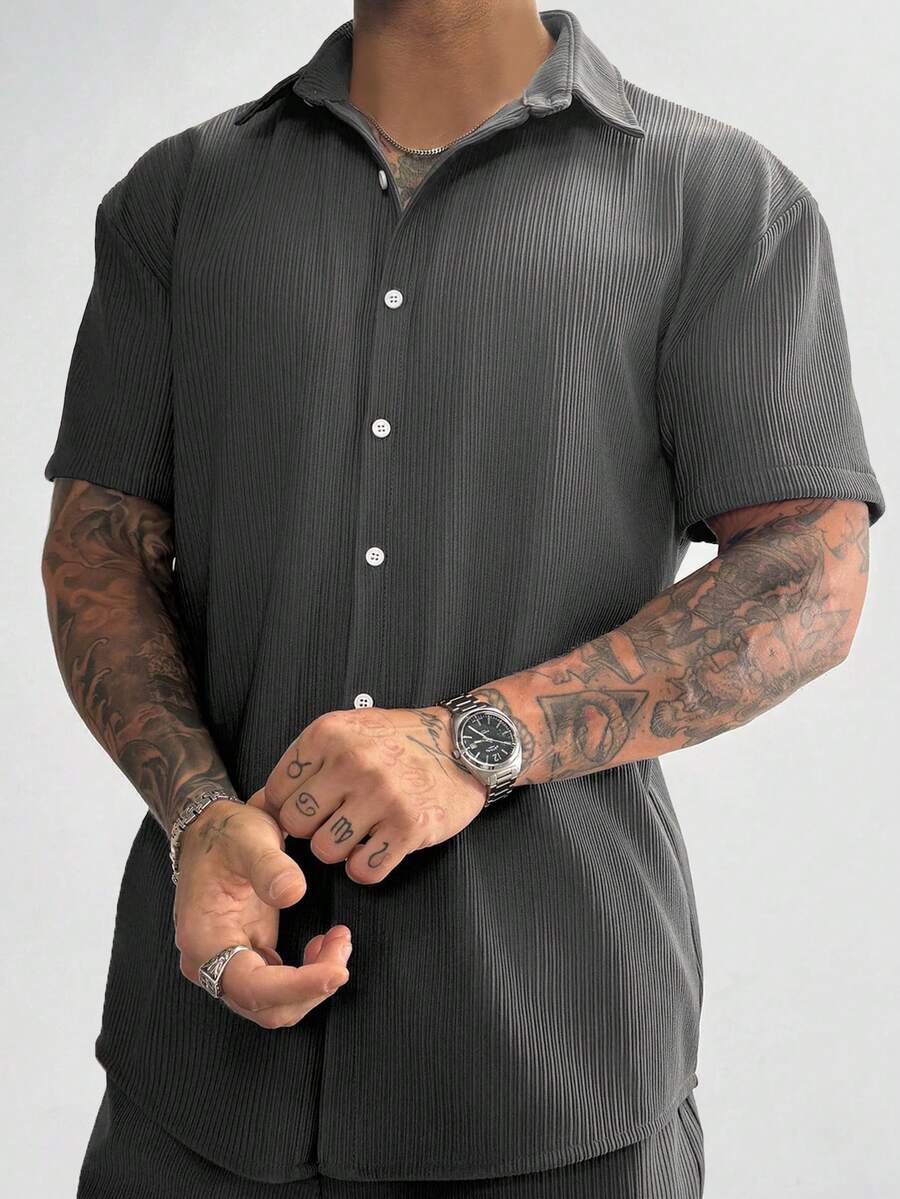 Dark Grey Pleated Short Sleeve Shirt