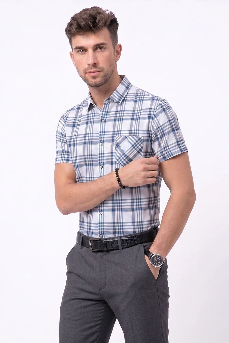 White & Blue Plaid Short Sleeve Shirt