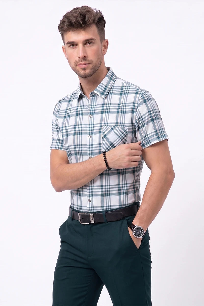White & Green Plaid Short Sleeve Shirt